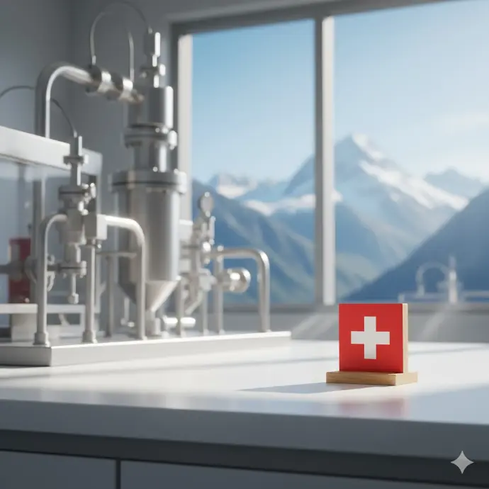 Vue d&#39;un laboratoire de production pharmaceutique avec les Alpes Suisses en arrière-plan. Symbolise la rigueur, l&#39;excellence de fabrication et la qualité suisse des produits CBD.